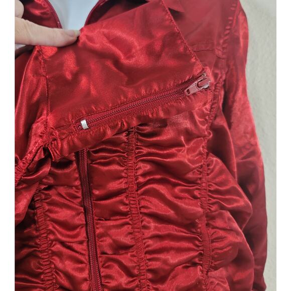Overdrive Red Satin Ruched Gathered Full Zip Collard Jacket Large Lightweight - Picture 7 of 7
